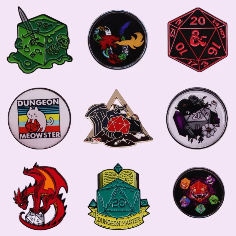 Hard Enamel Pins Fun Card Game Lapel Pin Dice Dragons Cat Badge Cartoon Animals Jewelry for Clothes Backpack Gifts for Game Fans