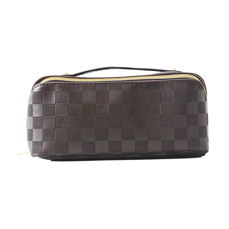 Custom Logo Water Resistant Make Up Travel Cosmetic Portable Handle Checkerboard Pu Makeup Storage Bag Toiletries Bags For Women