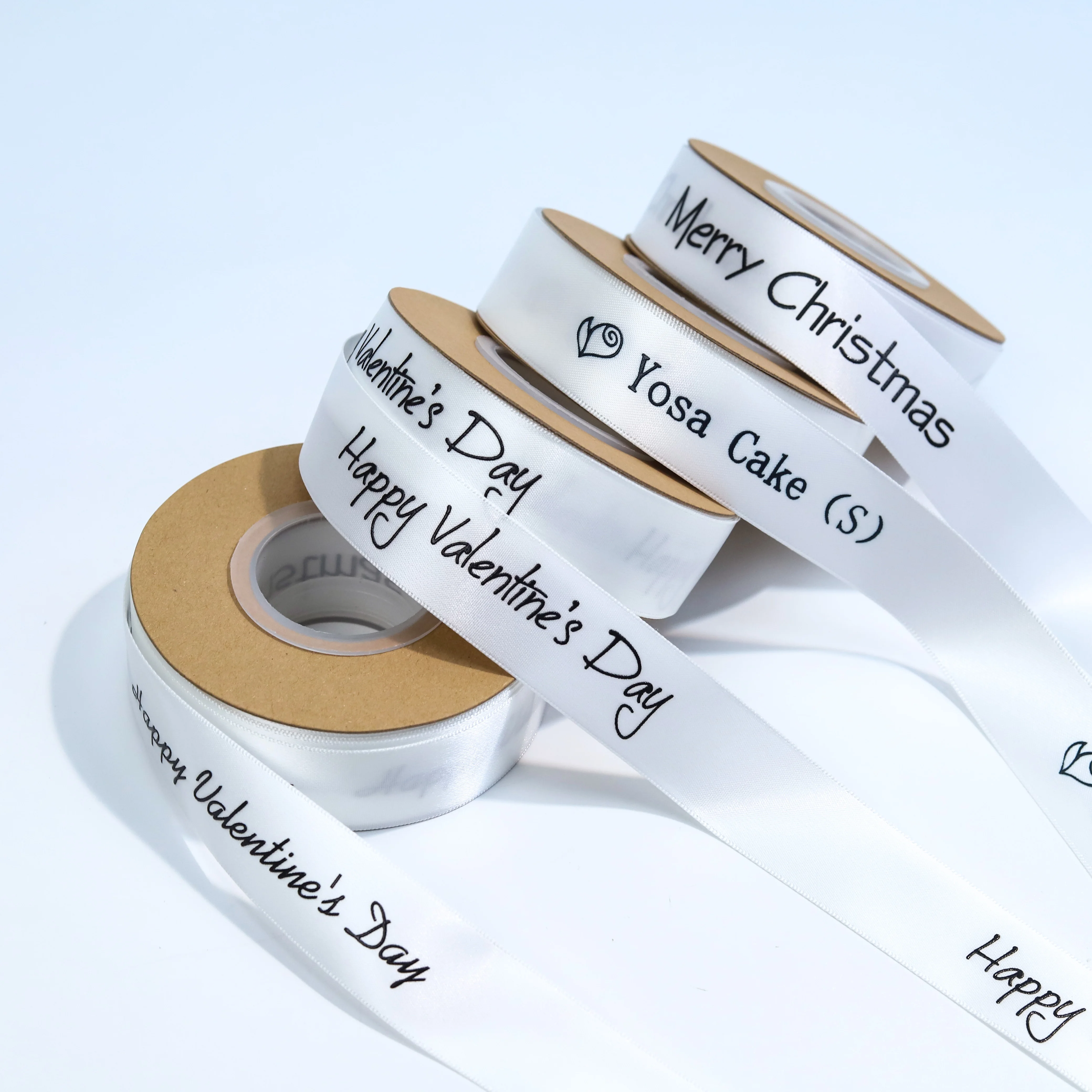 Personalized raise black logo  white satin ribbon 100 yard double face matt satin ribbon 19 mm manufacturer for package