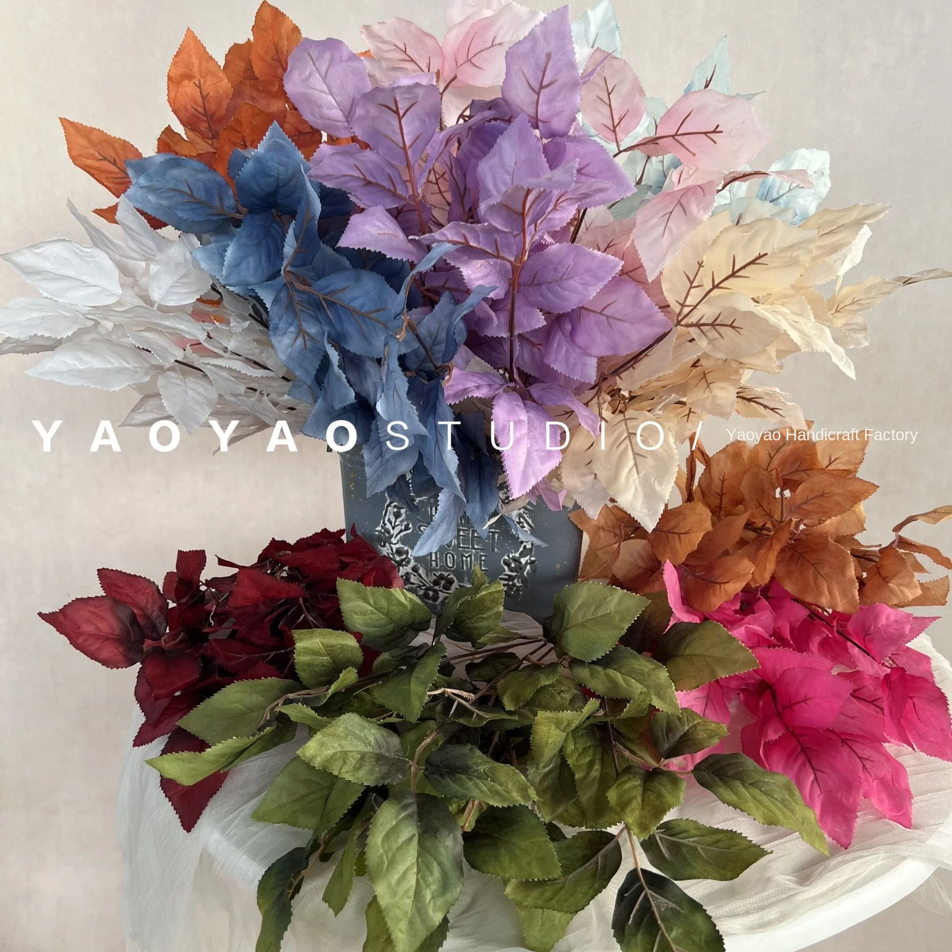 5 Bundle Artificial Flowers-Rose Fireworks Grape Leaves with Bottoming Green Ornaments Hotel Wedding Hall Simulation Gift Ideas