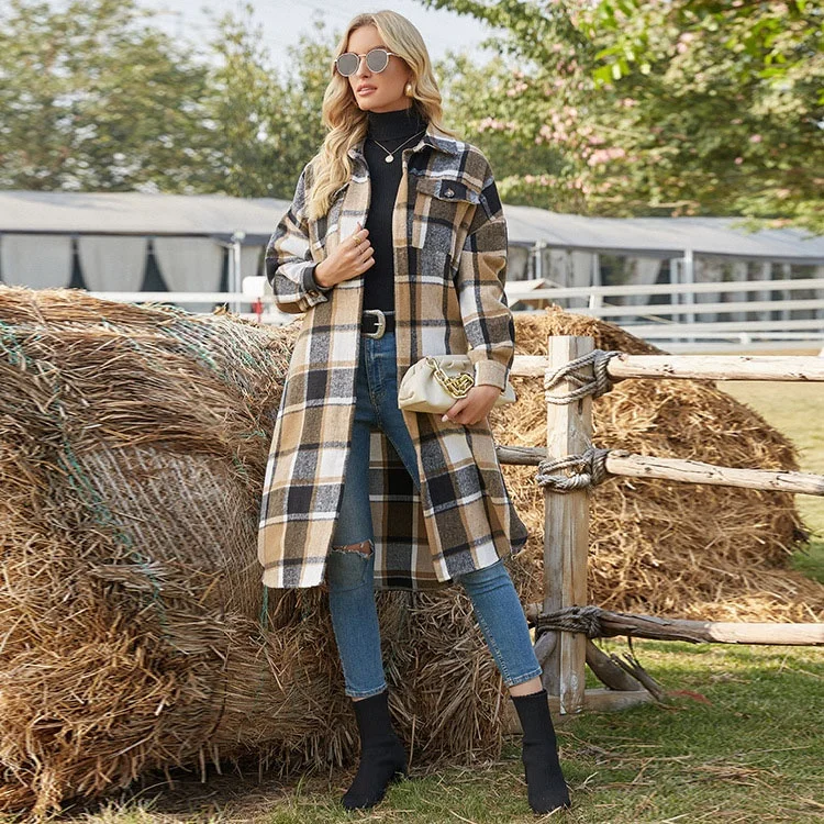 D2308  Amazon Product High Quality Low Moq Fall Casual Long Sleeve Lapel Windbreaker Plaid Women Coat