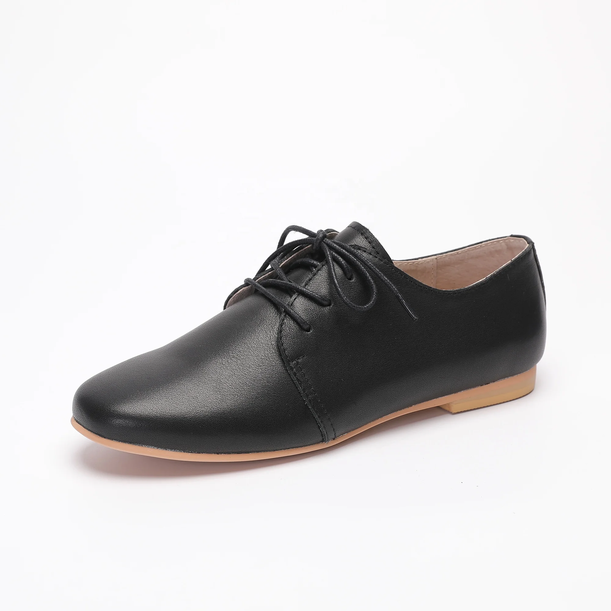 2024 Ladies Flat Casual Shoes Black Smooth Leather Classic Lace Up Oxford Shoes for Women
