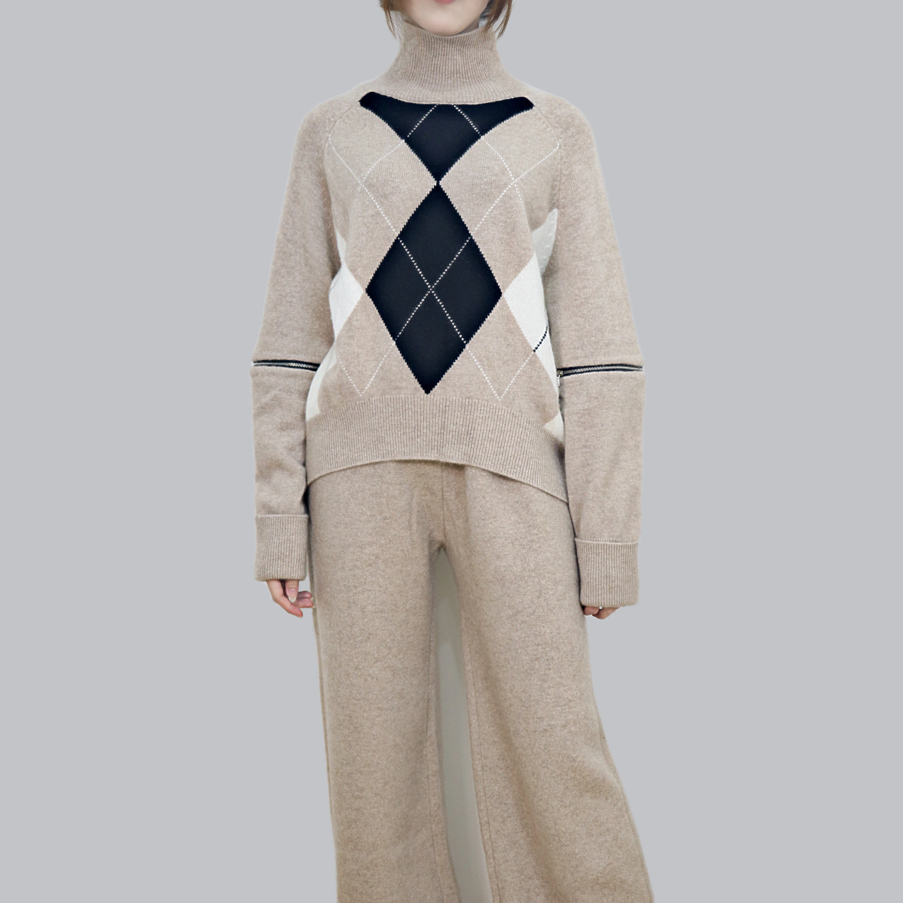 Factory custom high quality 100% cashmere long sleeve high collar jacquard pullover loose pants knitted 2 sets of sweaters