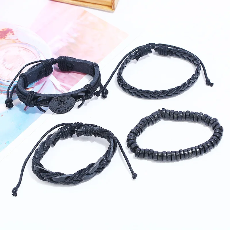 Retro DIY woven imitation cowhide bracelet for men pirate skull style leather bracelet set