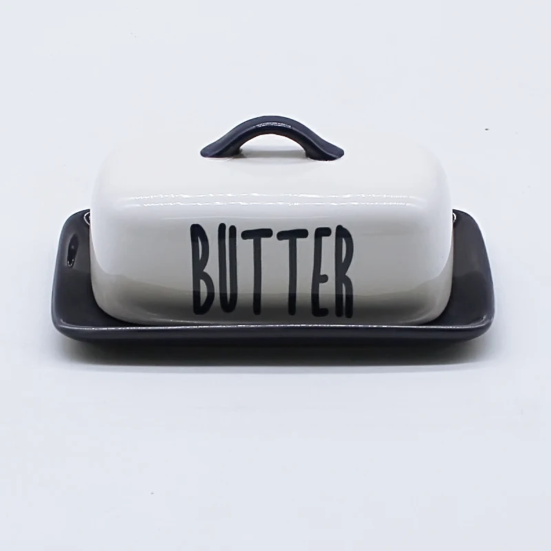 Custom body butter storage box ceramic kitchen white rectangle butter dish with lid