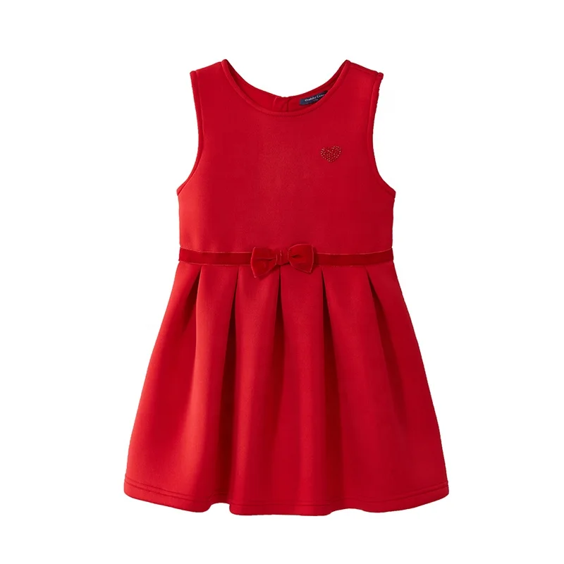 
2021 elegant red sleeveless thick new year bow girls dress for autumn, winter 