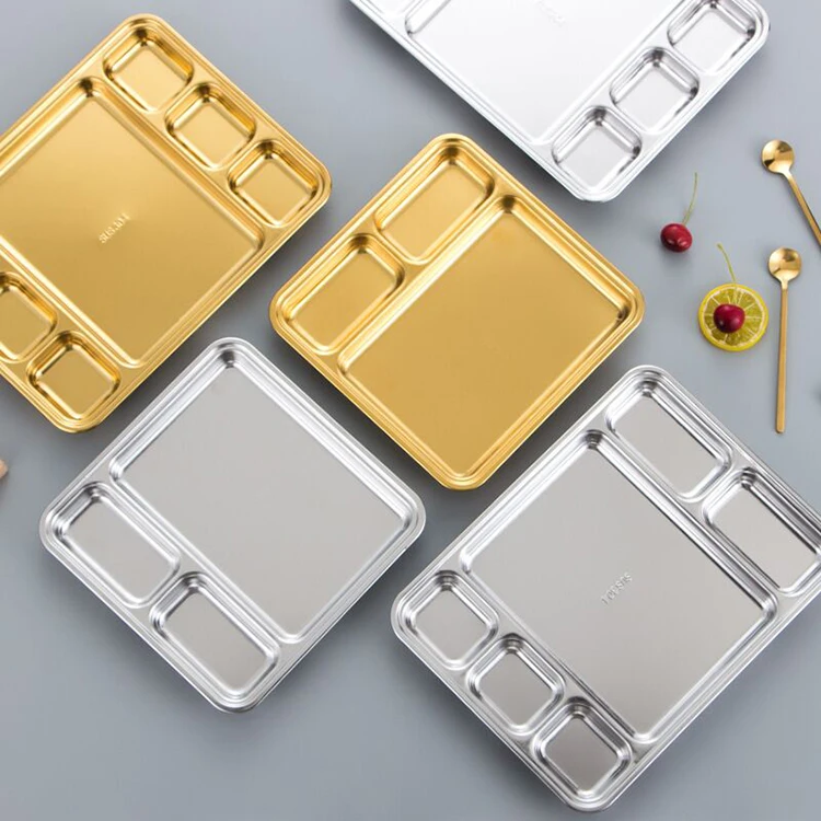 Korean Dinnerware Rectangle Food Fruit Service Plate Metal Stainless Steel Serving Tray Fast Food Plate Grid Plate Tableware