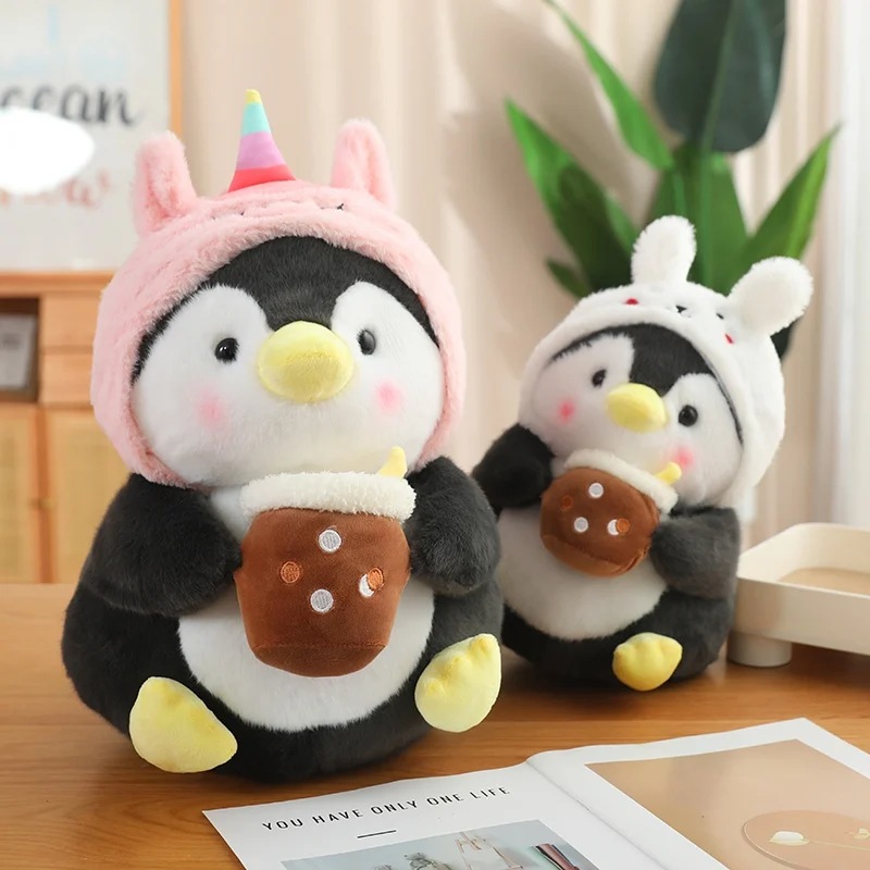 Cosplay Toast Penguin Stuffed Animal Wearing Unicorn Hat Bunny Hat Penguin Plush Toys Holding Boba Customized Pattern Brand Logo