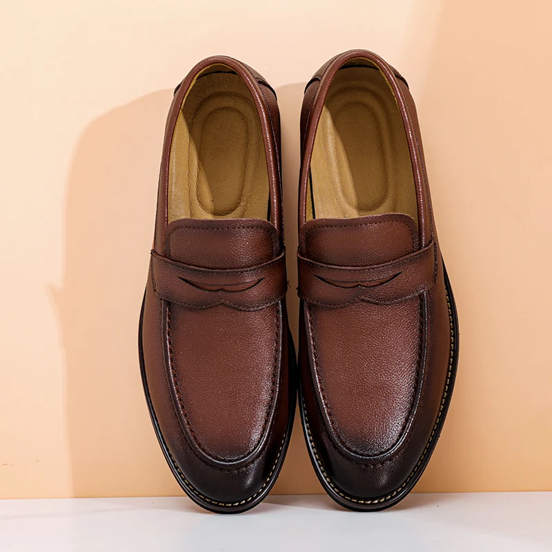 Mens Casual Business Shoes 100% Genuine Leather with Clemence  Brush-off Mens Driving shoe Slip-On loafers