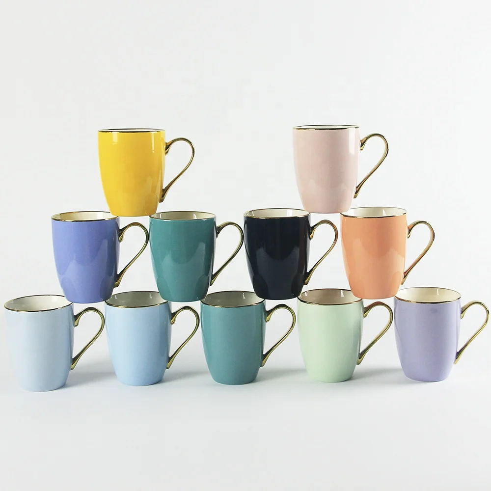 Factory direct sale barrel shape ceramic color glazed gold coffee mug with golden handle