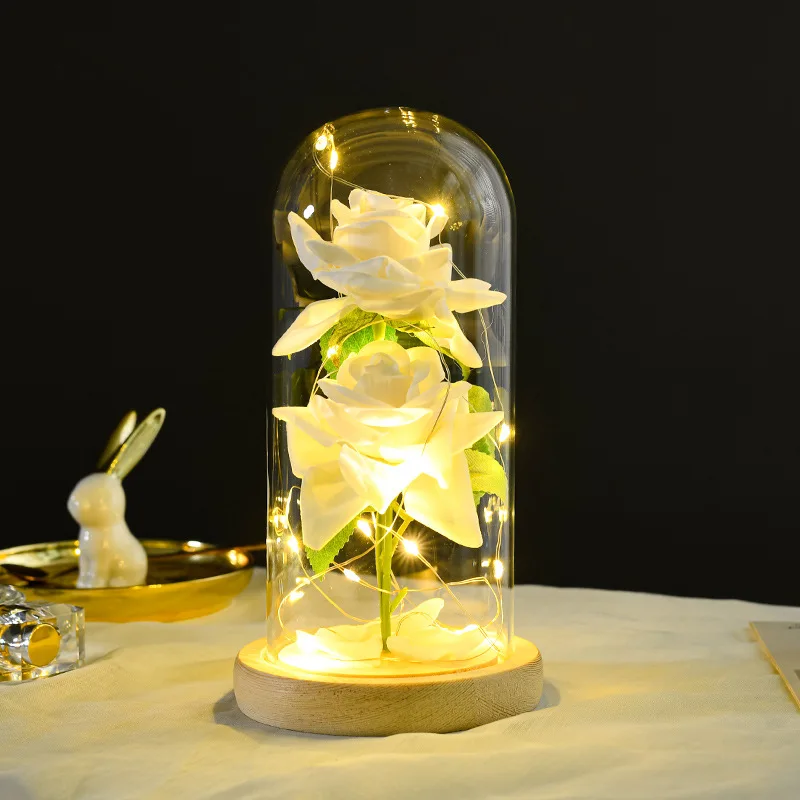 Valentines Day Gift Custom Artificial Flowers Glass Cover With Led Lights Rose flowers In Glass Dome