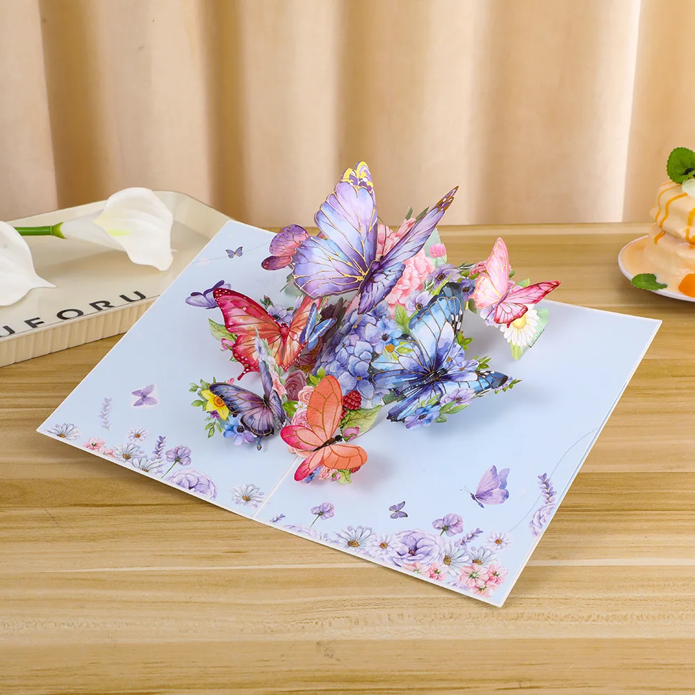 3D handmade pop up Greeting Card Paper Carving Flowers holiday Blessing Gift Bouquet Folding thank you card envelop