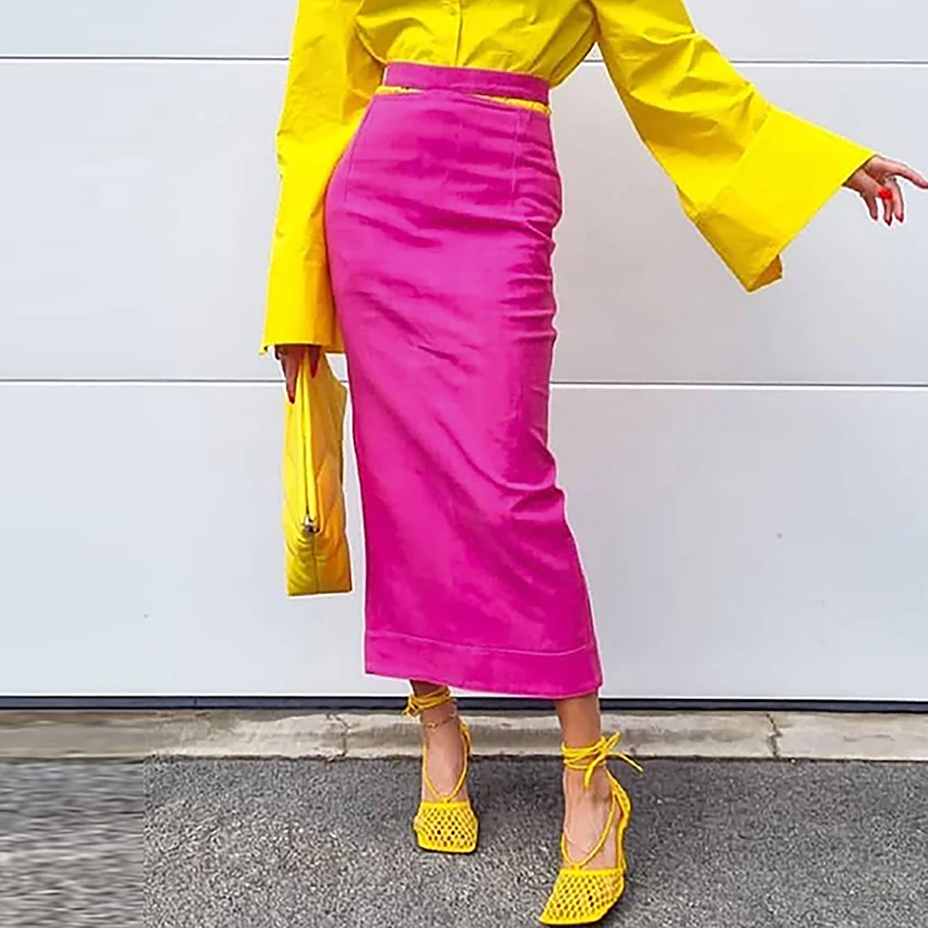 2021 Fall Women Long Slit Cotton Linen High Waist Bodycon Dress Skirts Pitaya Color Stylish Office Lady Long Skirts