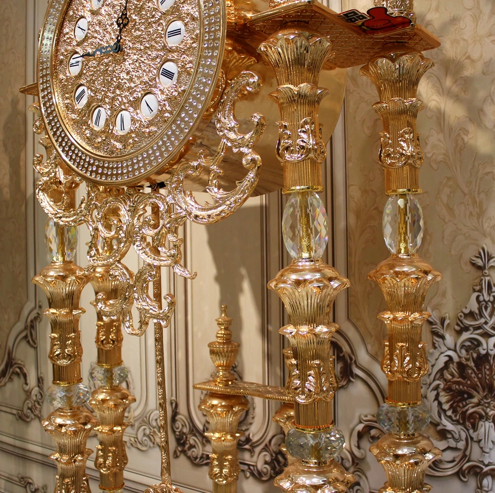 Luxury Golden Bronze Grandfather Clock Royal Crystal Standing Clock Antique Floor Clock