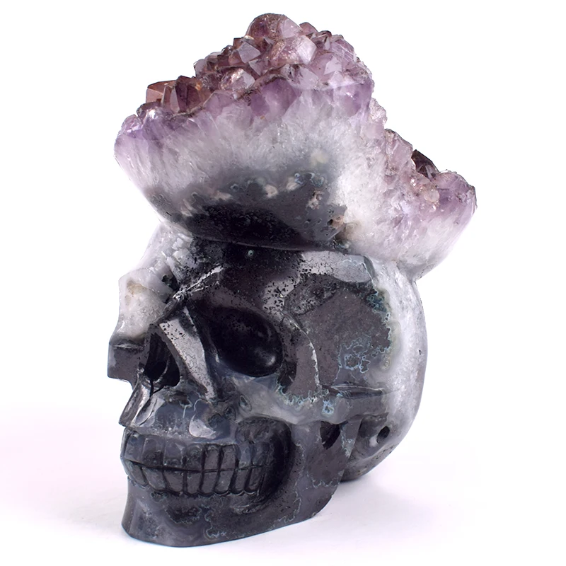 Wholesale Natural Mineral Semi Precious Stone Hand Carved Realistic Agate Amethyst Geode Crystal Skull