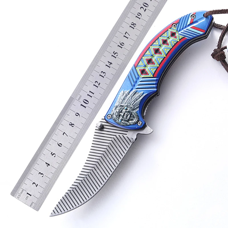 outdoor camping tools folding damascus blade blue pocket knife