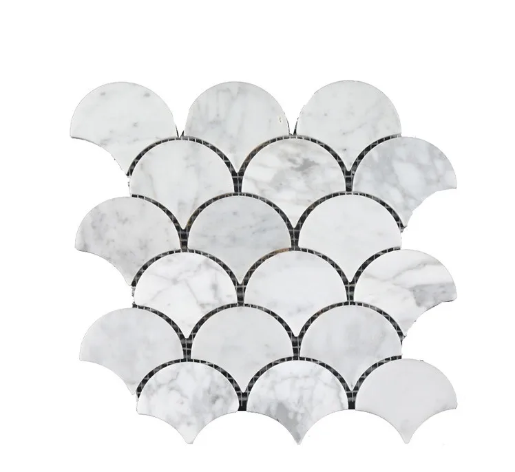 Custom simple style white stone fish scale mosaic fan-shaped kalala white marble mosaic