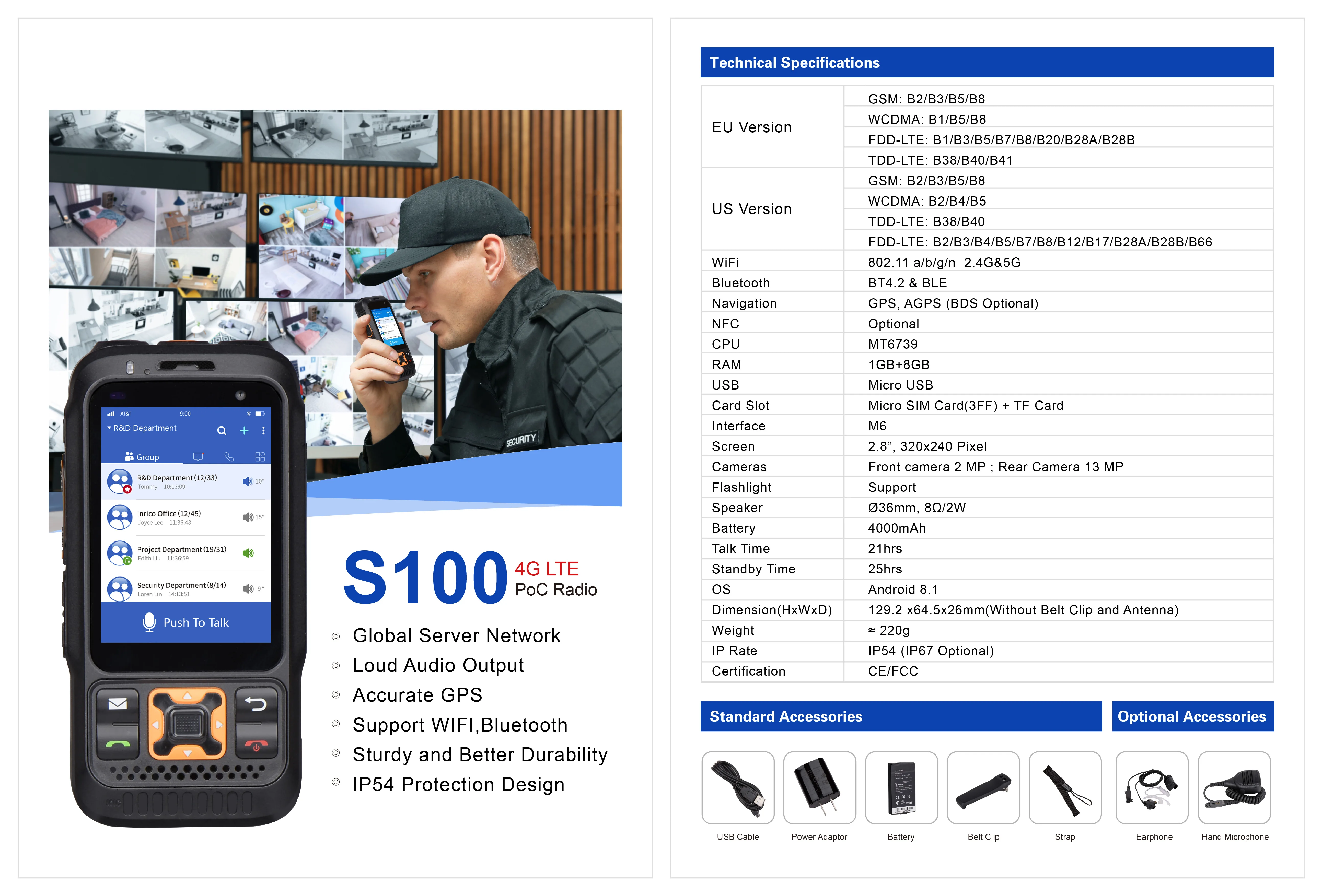  Рация для мобильной сети 4G LTE S100 с одной SIM-картой и кнопкой