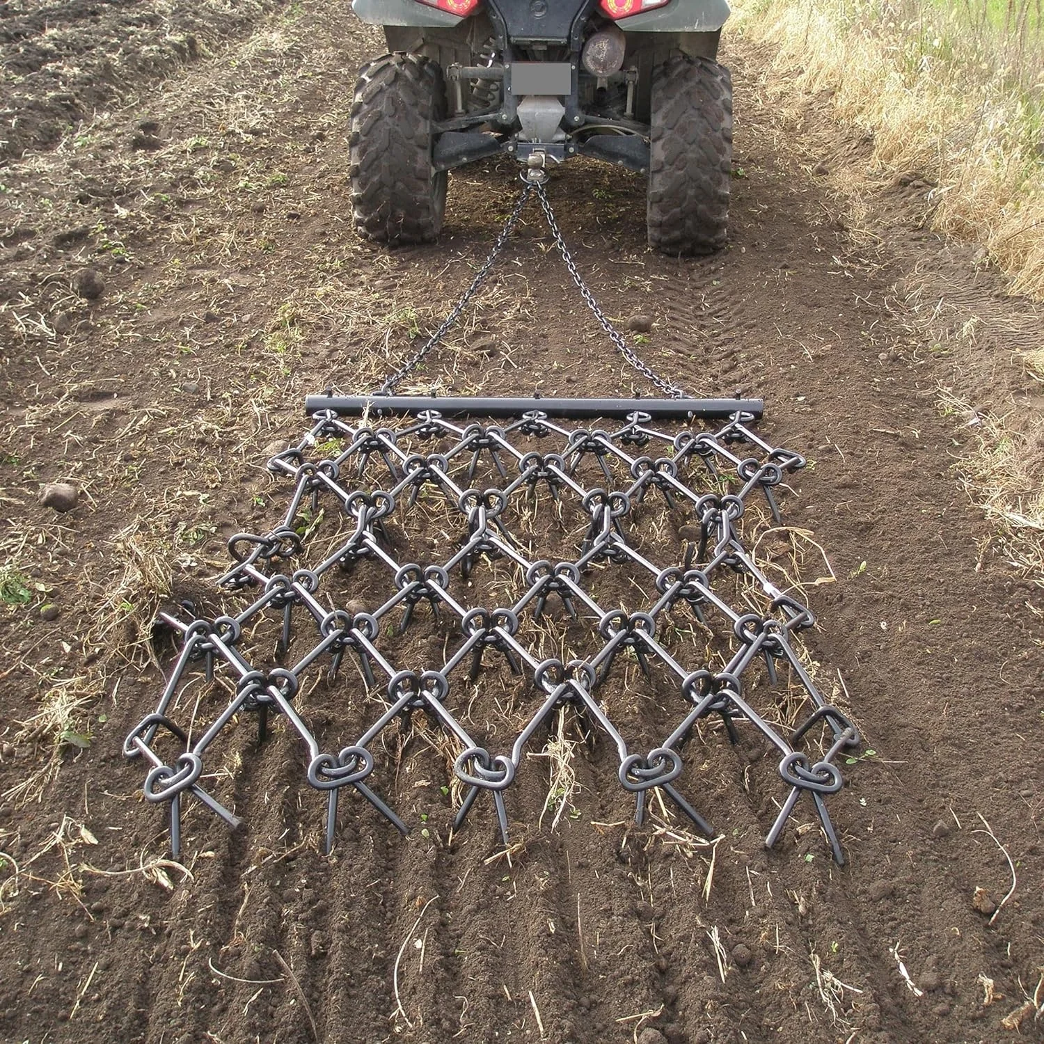 4.5 x 5 ft Heavy Duty Steel Durable Chain Rake Field Leveling Drag Harrow Hook Up to ATV, UTV and Utility Tractor, Black