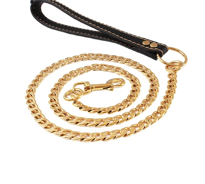 Золотая цепочка, поводок для собак, поводок для прогулок с кожаной ручкой и зажимом