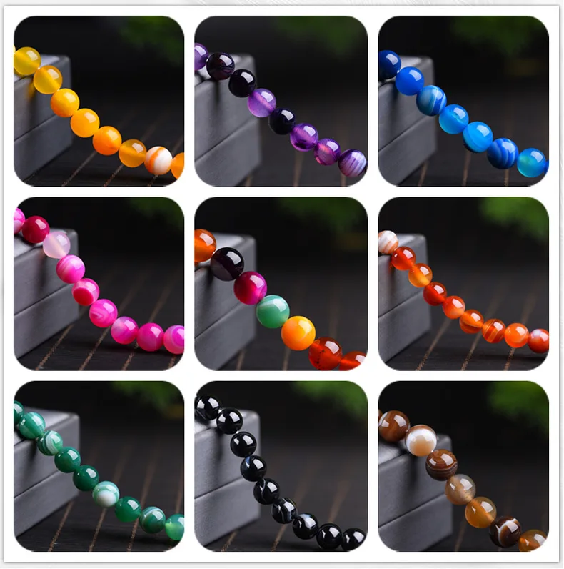 Natural Agate Stone Round 14mm Beads Assorted Mix Green Orange Blue Yellow Purple Black Red Stripe Agate for Jewelry Making