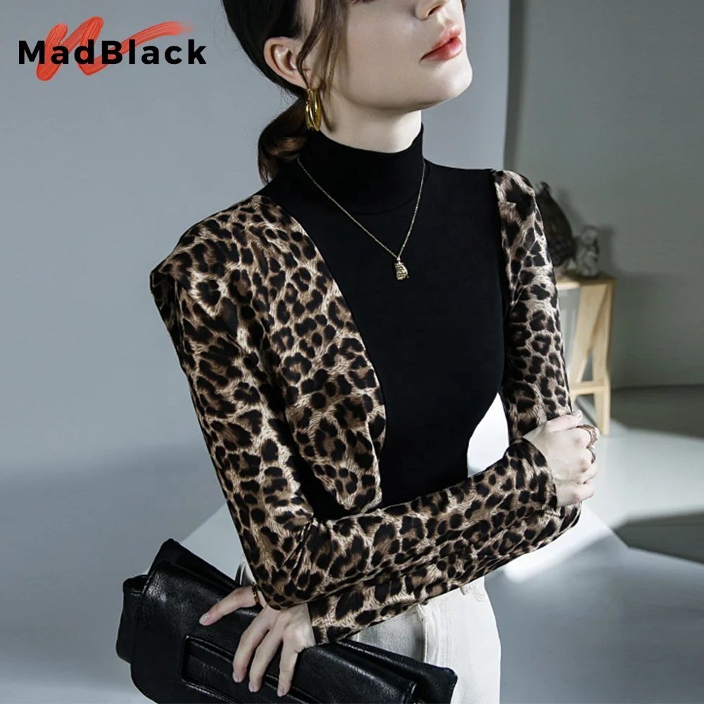 MadBlack European Clothes Tshirt Women Sexy Turtleneck Ruffle Leopard Patchwork Slim Tops Full Sleeve Tee Autumn Winter T37422JM