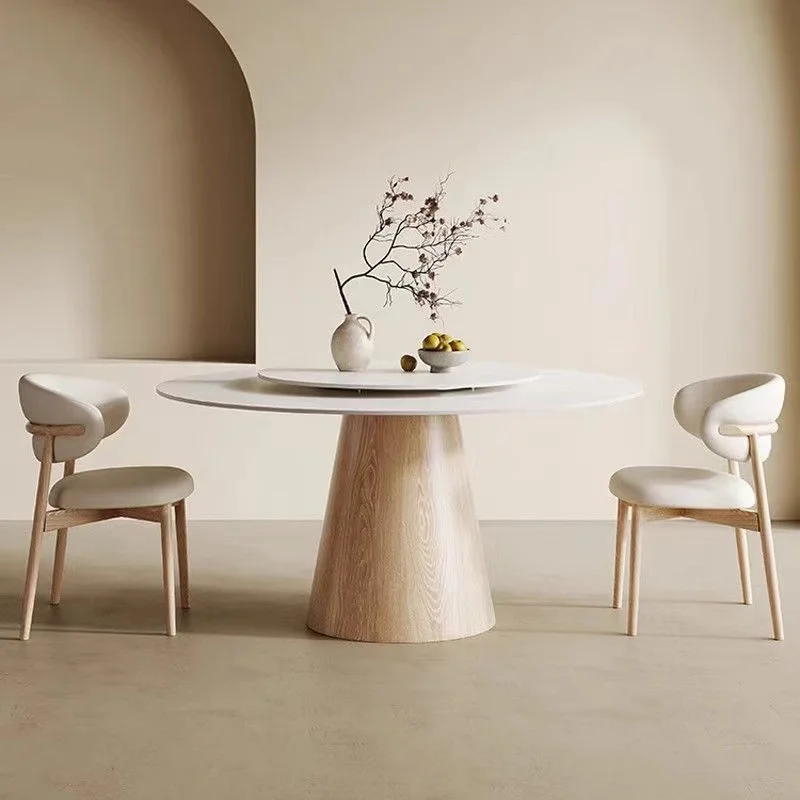 Round Rock Slab Dining Table Modern Simple Home Dining Dinner Table with Turntable Solid Wood Base Strong Load-Bearing Capacity