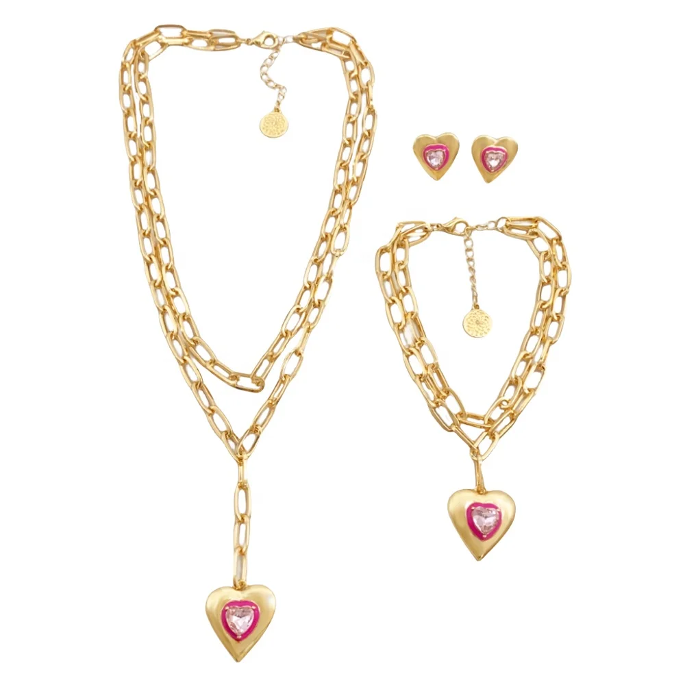 Brand New High Quality double link chain enamel heart gemstone gold plated pendant alloy Jewelry Sets for women