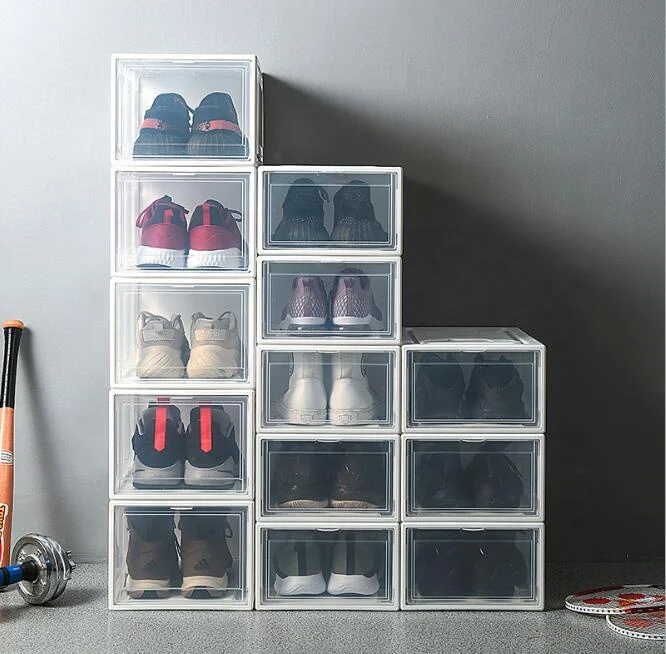 New design practical durable dy197 plastic shoe box with clear drop front door