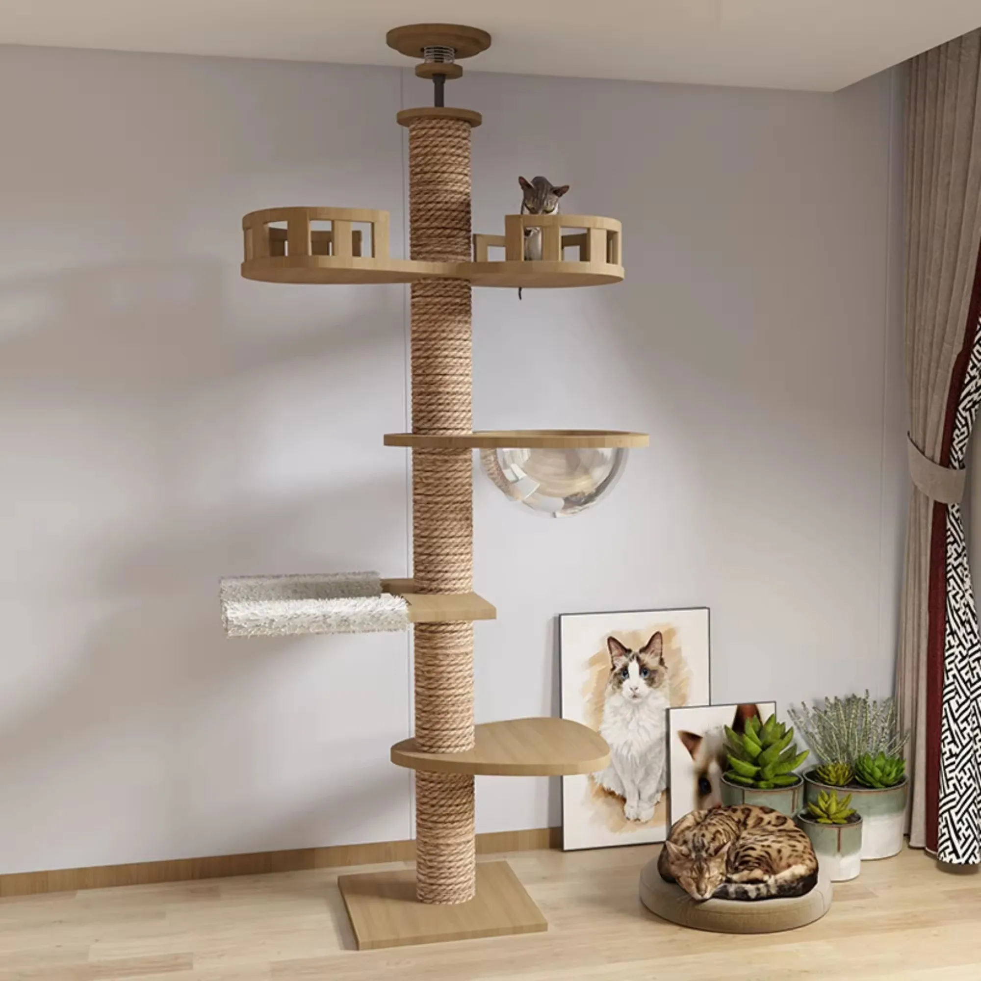 Custom Large Cats Scratch Post Floor to Climbing Ceiling Frame Wood sisal Tree Space Capsule Jumping Platform Cat Ceiling  tower