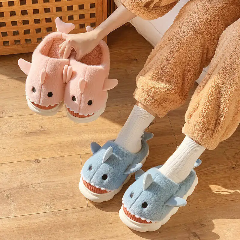 New Fashion Warm Non Slip Lovely Plush Children Slippers Funny Animal Shark Cotton Slippers Kids Thick Soles Home Slipper Winter