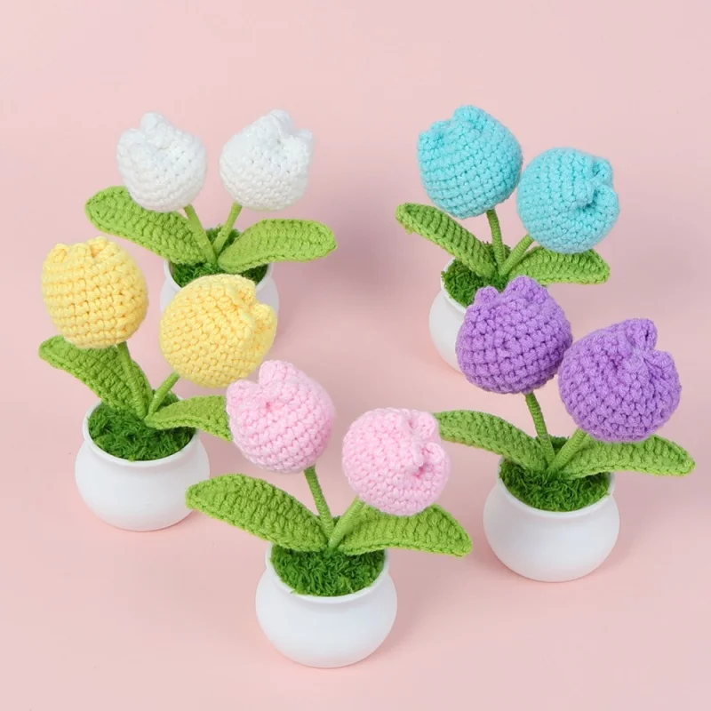 H132 Hand-woven Finished Simulation Flowers Double-headed Tulips Potted Plants Home Decoration Desktop Ornaments Woolen Flowers