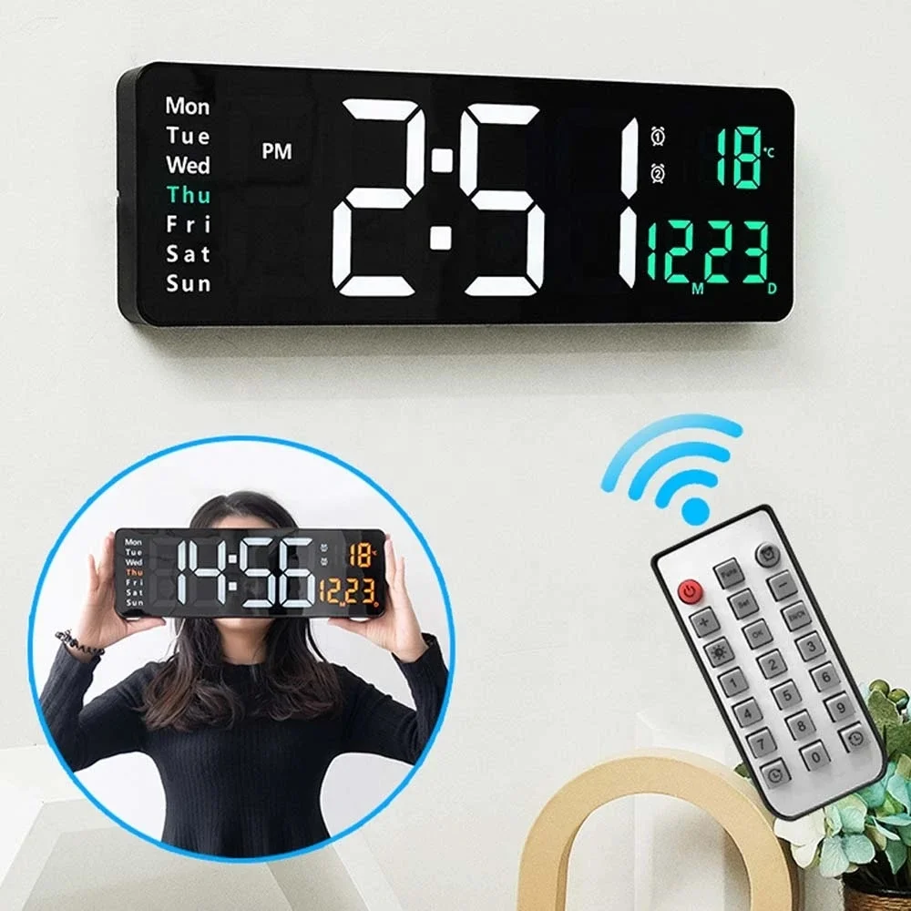 Digital Wall Clock 16inch Large Alarm Clock Remote Control Date Week Temperature Watch Dual Alarms LED Display Clock