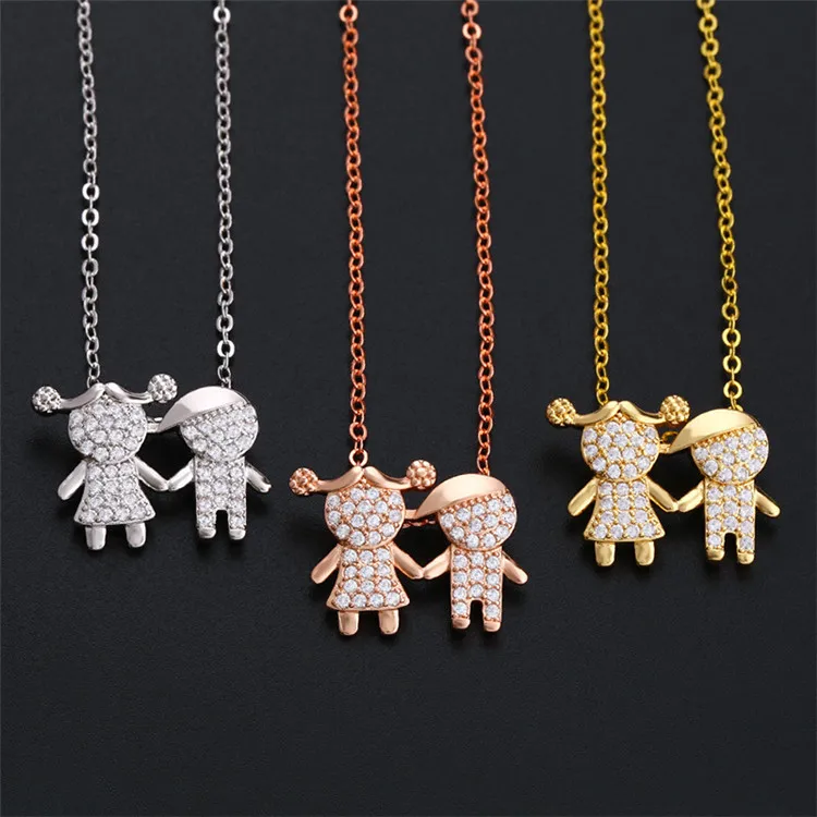 Best Friend Gift New Design Copper Cute Boy Girl Necklaces Women Hand In Hand Children Zircon Necklace Family Jewelry