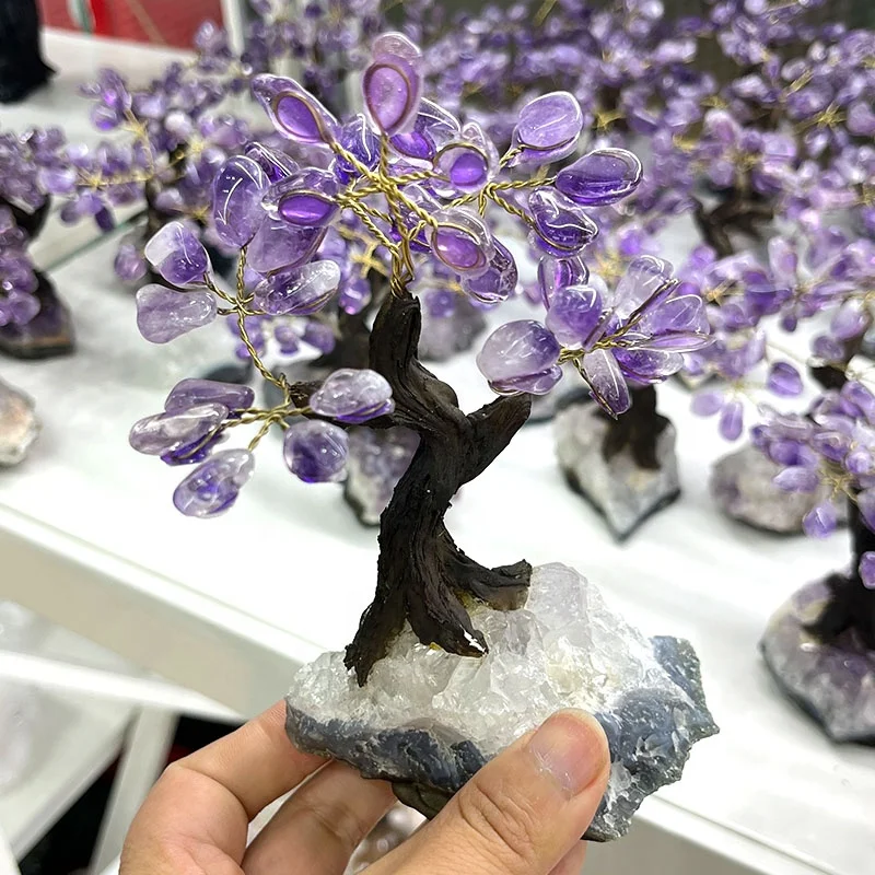 Wholesale High Quality Handmade Gemstone Amethyst cluster base Tree of Life fengshui Fortune money luck healing crystal tree