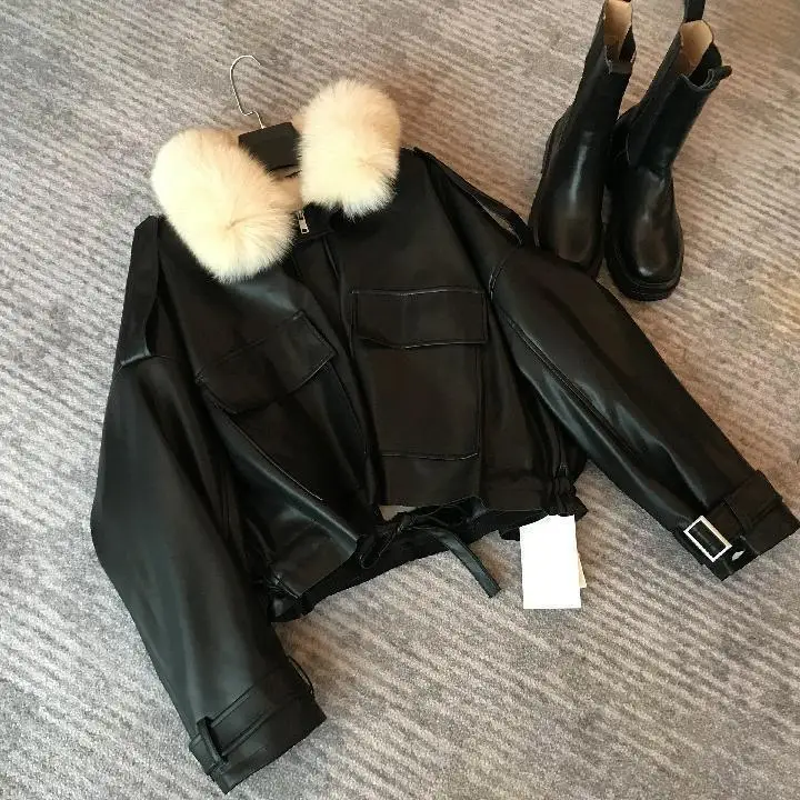 Women Short Leather Jacket Winter Warm Plus Velvet Thickened Imitation Fox Fur All-in-one Detachable Trendy Casual Large Pocket