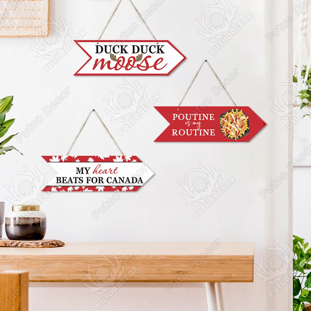 Putuo Decor Canadian Maple Leaf Design Arrow Shape Hanging Wooden Wall Sign Canada Day Decoration Sign