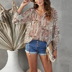 2022 Summer Elegant Ladies Floral Print Drawstring Lantern Sleeve Silk Korean Blouse