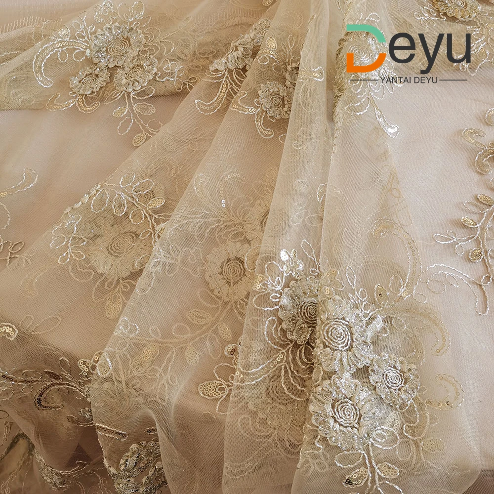 Wholesale 132 inch round light rose lace embroidery mesh tablecloth for luxury wedding
