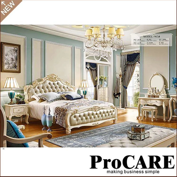 High Quality Bedroom Set Furniture Luxury Classic Style Wooden Carved Frame Leather King Size Bed