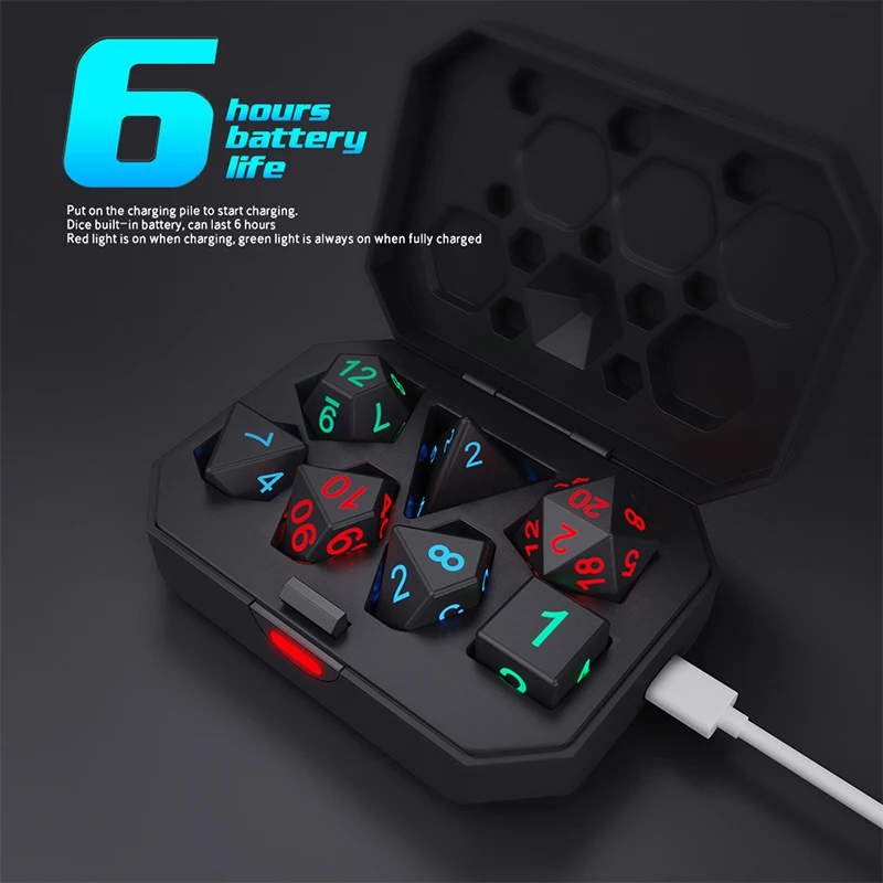 Colorful luminous electronic dice party chess game entertainment DND dice set rechargeable plastic 7-piece led dice set