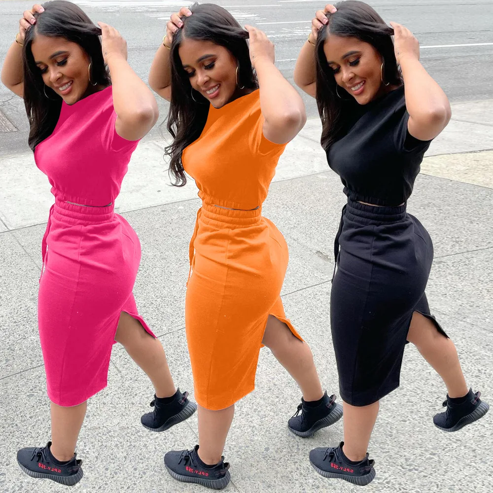 2022 summer sexy ladies dress new short sleeve round neck crop top solid color slit strap skirt two piece sets womens skirts set