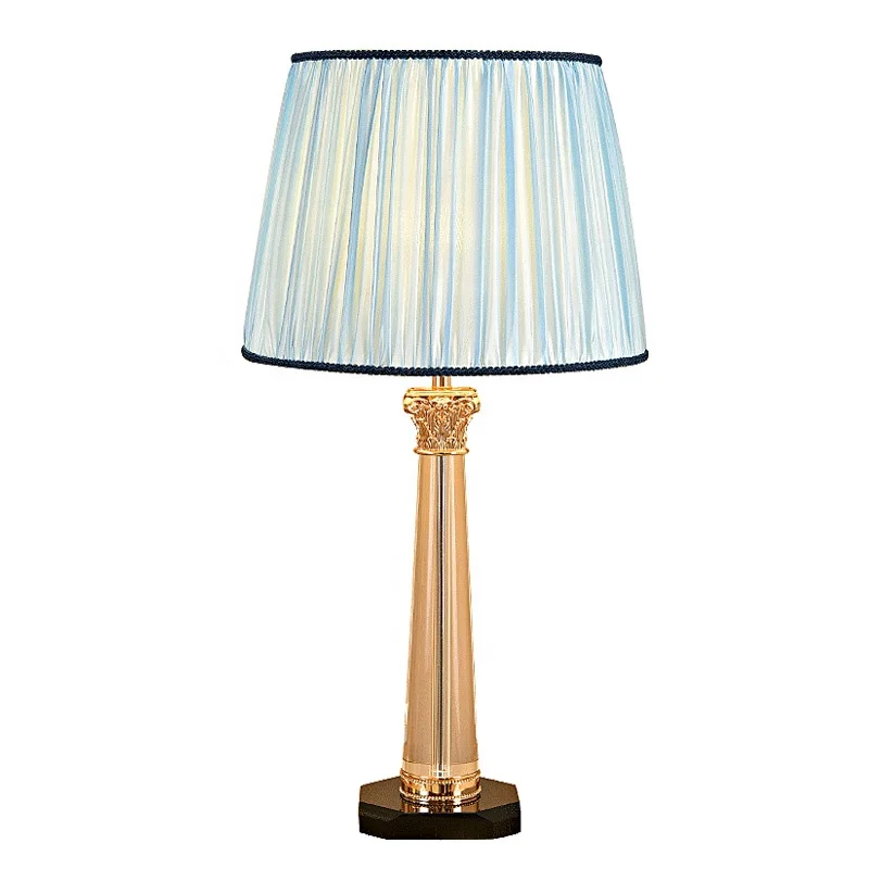 
Black base blue and white fabric shade rose gold crystal push-button switch stand bedside lamp table led 