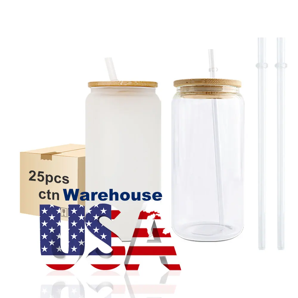 KOCDAM USA Warehouse RTS 12oz 16oz 20oz 25oz Glass Can Sublimation Blanks Frosted Beer Glass Cup with Lid and Straw