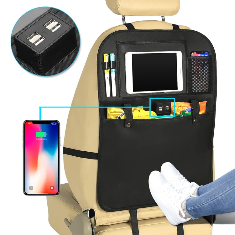 Black Polyester Car Bag Storage Organizer with 4 USB Chargers and Computer Pouch