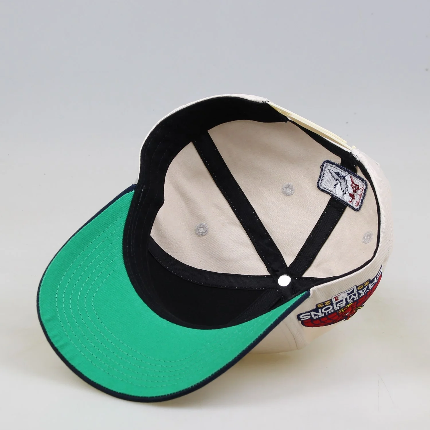 6 Panel 3D Embroidery Beige Baseball Cap Black Curved Brim Snap Back Hats With Custom Logo