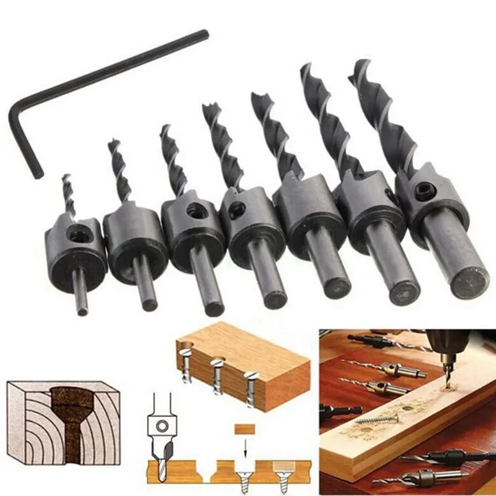 Countersink Drill Bit Set Power Tools Accessories with Hex Key for Plastic, Woodworking Tool by Power Drill (7pcs,3-10mm)