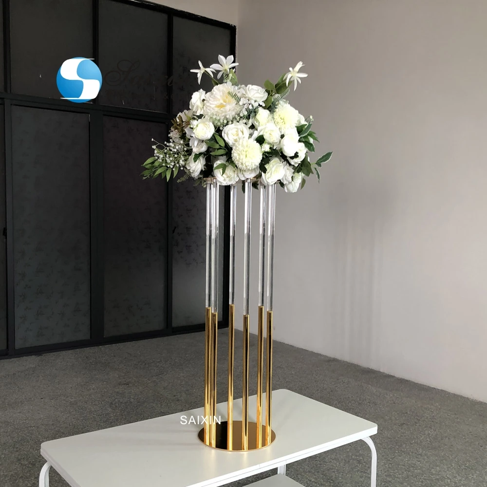 ZT-561 New 6 pole gold with clear crystal flower stand for wedding decor
