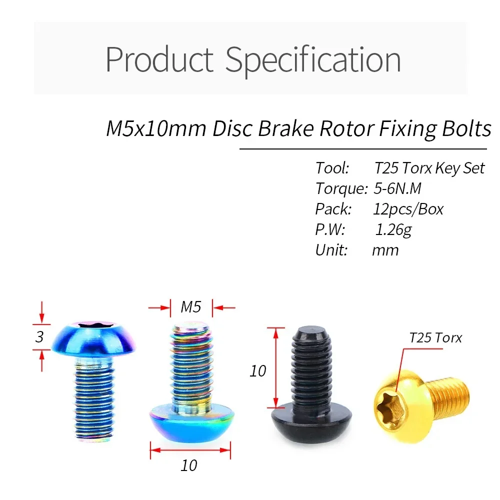 RISK 12PCS M5*10mm Bicycle Disc Brake Rotor Torx Bolts T25 MTB Bike Titanium Disc Brake Rotor Fixing Screws Cycling Accessories