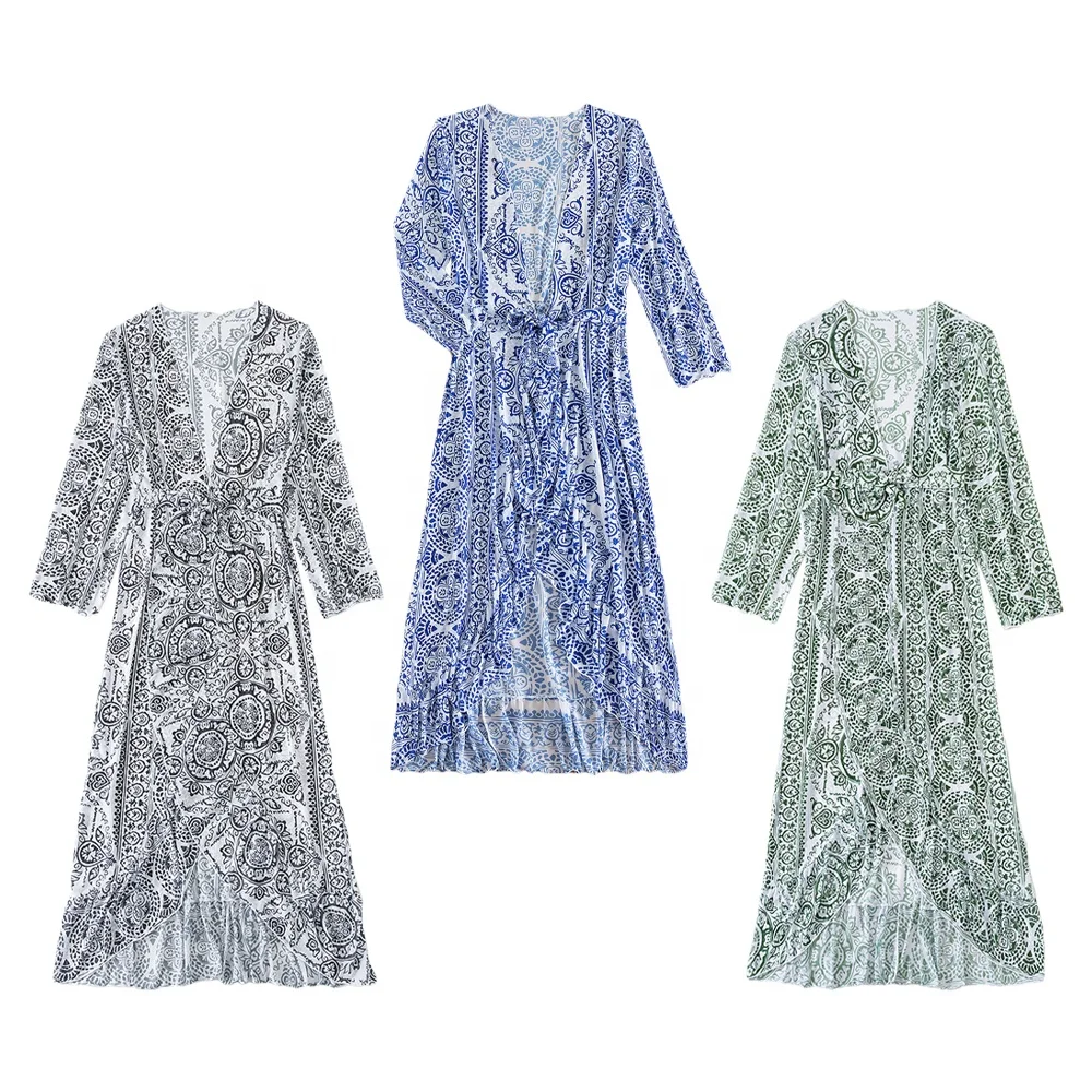 green grey blue ruffle hem paisley girl women pleated long  chiffon beach dress